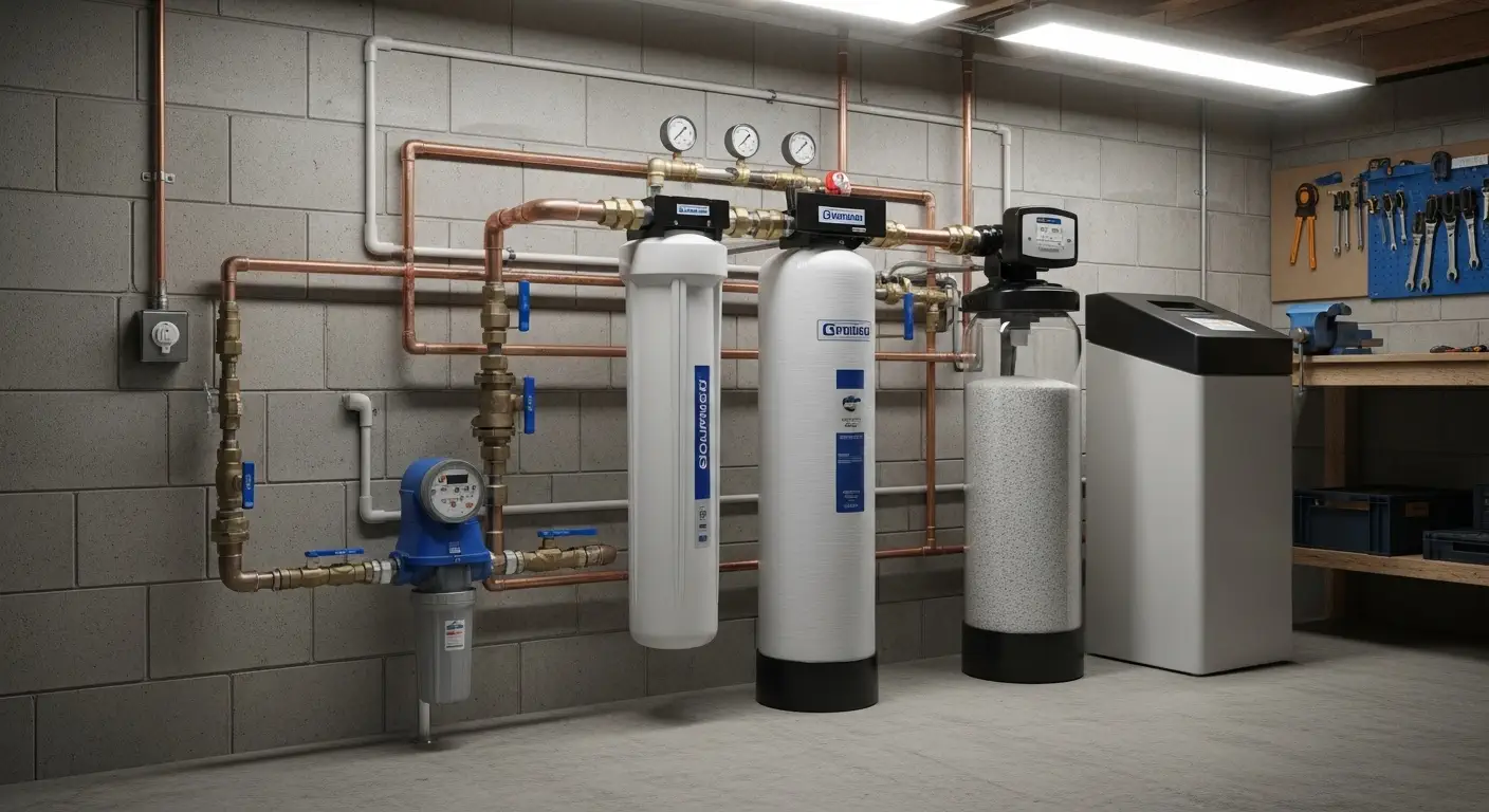 A complete residential water treatment system is professionally installed on a gray block wall. The setup includes a whole-house sediment/carbon filter (white canister) and a water conditioner/softener (tall white tank), followed by a water softener with a brine tank (clear tank with resin and white cabinet). The entire system is plumbed with copper pipes, brass fittings, pressure gauges, and a water meter on the far left.