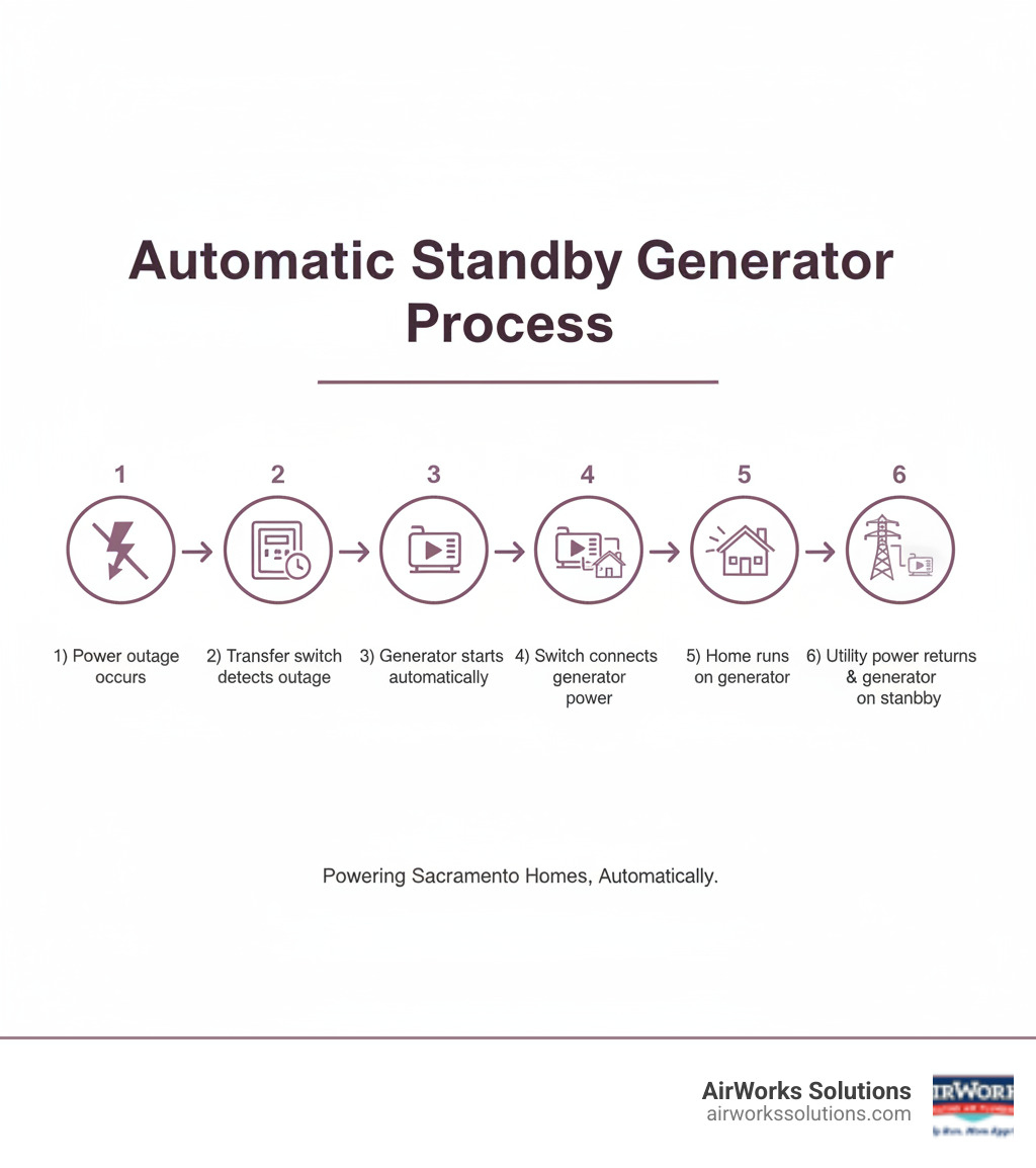 Infographic showing the automatic standby generator process: 1) Power outage occurs, 2) Automatic transfer switch detects loss of utility power within seconds, 3) Generator starts automatically, 4) Transfer switch safely connects generator power to home's electrical system, 5) Home systems continue running on generator power, 6) When utility power returns, transfer switch reconnects to grid and generator returns to standby mode - "Which companies in the Sacramento area specialize in whole home generators installation?" infographic Infographic showing the automatic standby generator process: 1) Power outage occurs, 2) Automatic transfer switch detects loss of utility power within seconds, 3) Generator starts automatically, 4) Transfer switch safely connects generator power to home's electrical system, 5) Home systems continue running on generator power, 6) When utility power returns, transfer switch reconnects to grid and generator returns to standby mode - "Which companies in the Sacramento area specialize in whole home generators installation?" infographic