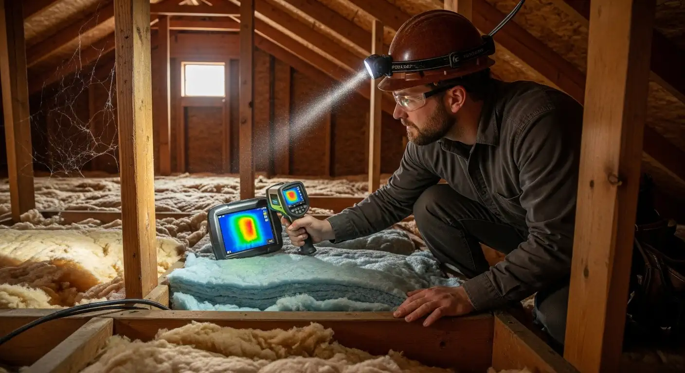  A building professional wearing a hard hat and headlamp is inspecting attic insulation and exposed rafters. He is using a handheld thermal imaging camera to evaluate the insulation's performance, with the camera's display showing hot (red/orange) and cold (blue/purple) areas for temperature variation.