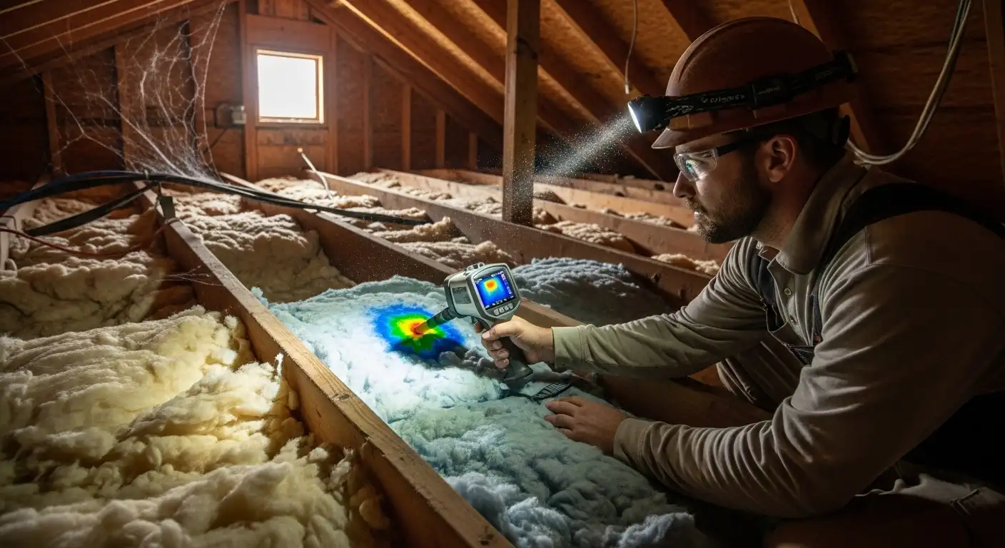 A home energy auditor wearing a hard hat, safety glasses, and a headlamp is kneeling in a dusty attic with exposed rafters. He is using a handheld thermal imaging camera over a patch of batting insulation to detect heat loss, with the camera's display showing a bright spot indicating a temperature anomaly.