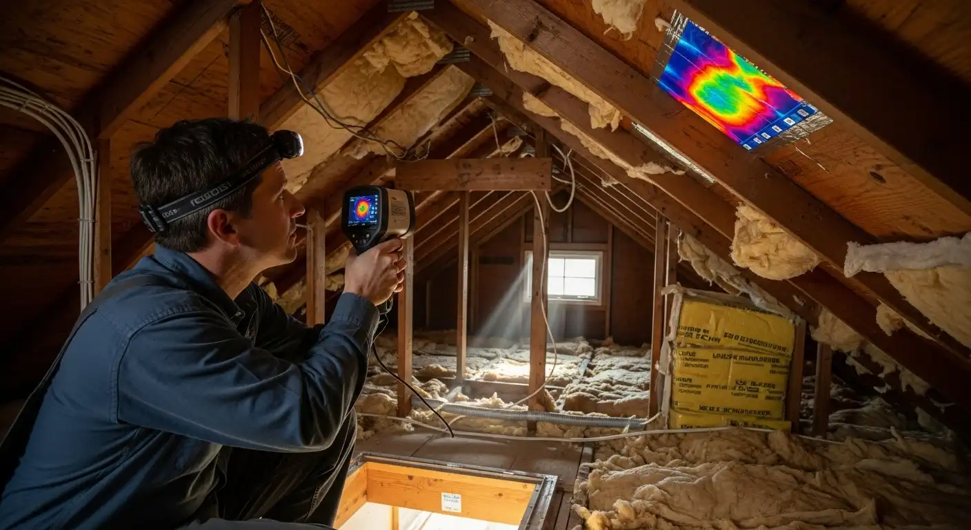 A home energy professional is crouching in a finished attic with exposed wood framing and insulation. He is using a handheld thermal imaging camera to scan for heat loss.