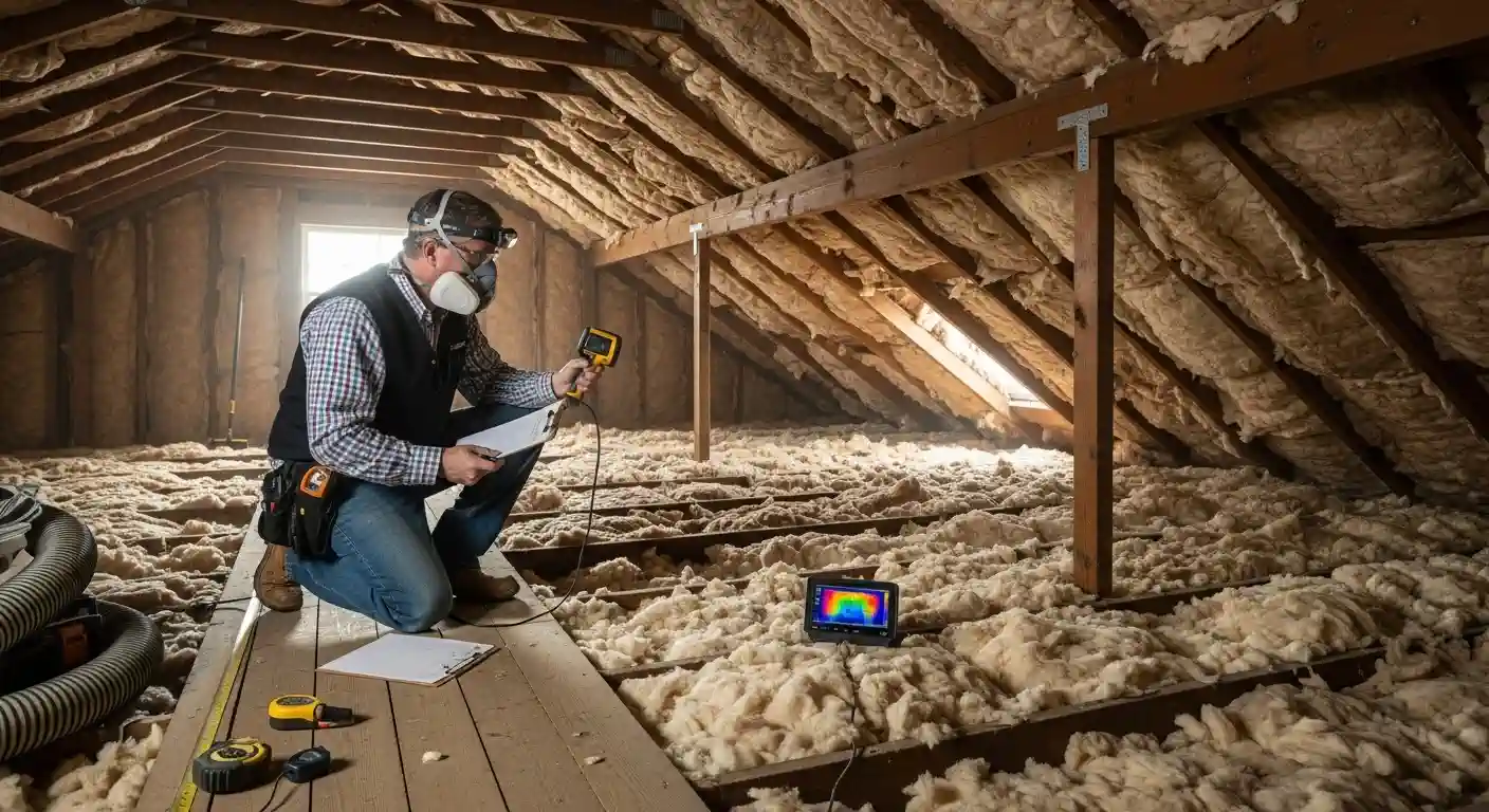 A contractor or home energy auditor is kneeling in a dusty attic with blown-in or batt insulation covering the floor and rafters. He is wearing a respirator mask, safety goggles, and a headlamp, holding a handheld thermal imaging camera and a clipboard. A separate monitor on the floor displays a thermal image, and a large hose for insulation is visible in the foreground.