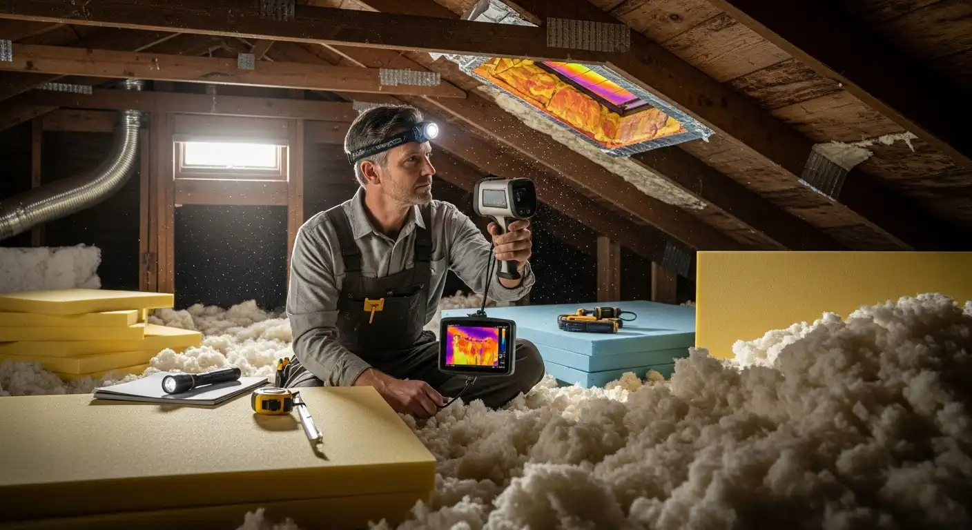 A technician wearing a headlamp and overalls is seated in a dusty attic filled with blown-in insulation and foam boards. He is using a handheld thermal imaging camera to inspect the ceiling or roof deck.