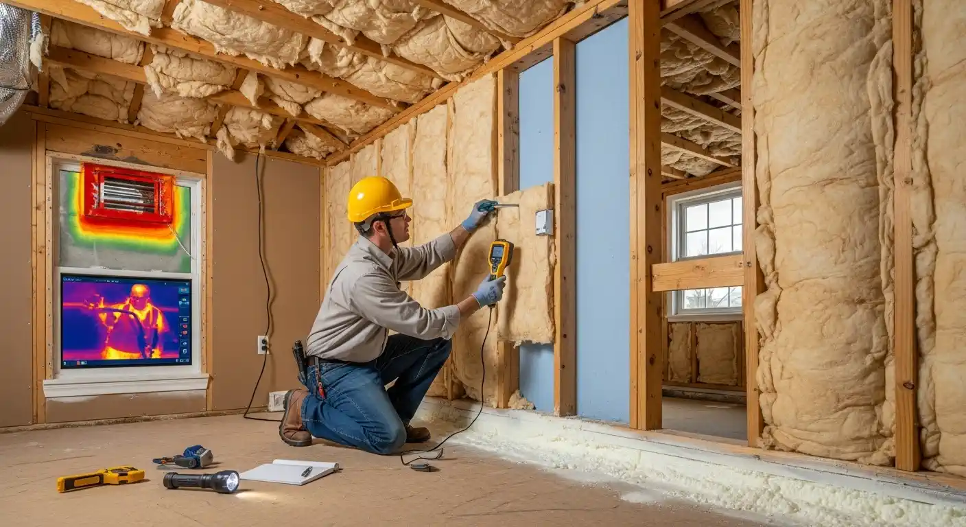 A building inspector or energy auditor wearing a hard hat and safety glasses is evaluating wall insulation in a room under renovation. He is kneeling to use a thermal imaging camera to scan around an electrical outlet in an unfinished wall. A monitor on the floor displays a live thermal image, showing a significant heat loss (red/yellow) around a window-mounted air conditioner.