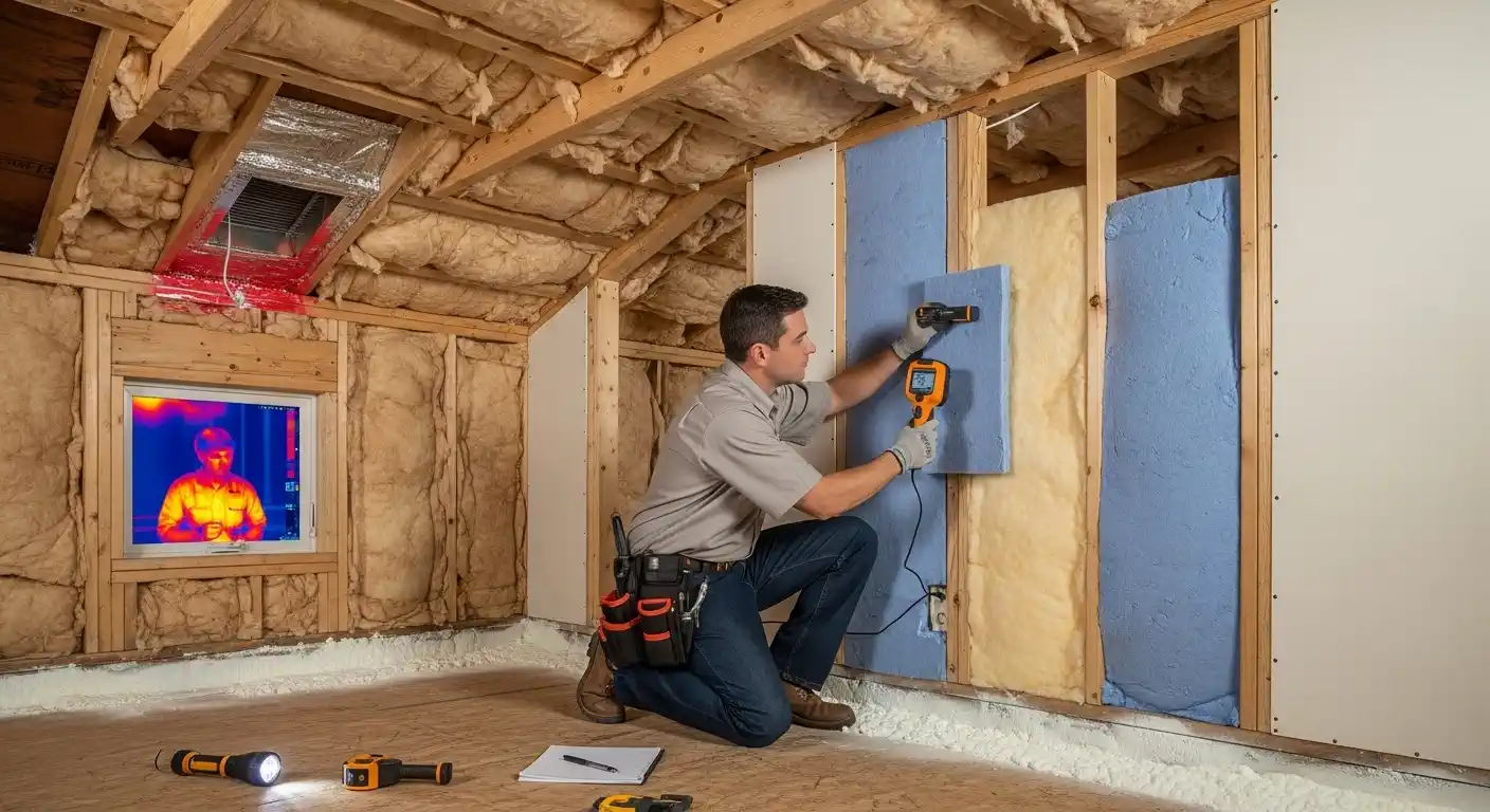  A home energy auditor wearing a tool belt and gloves is kneeling in an attic room under construction with exposed stud walls and insulation.
