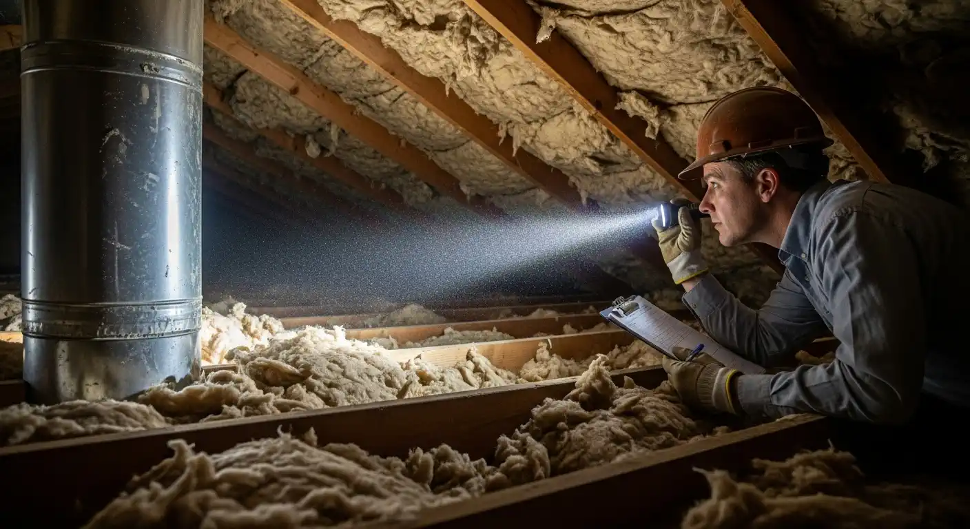 A home inspector or contractor is kneeling in a dark, dusty attic filled with batt insulation between exposed floor joists and roof rafters. He is wearing a hard hat and gloves, using a flashlight to examine the area around a large metal exhaust flue while taking notes on a clipboard.