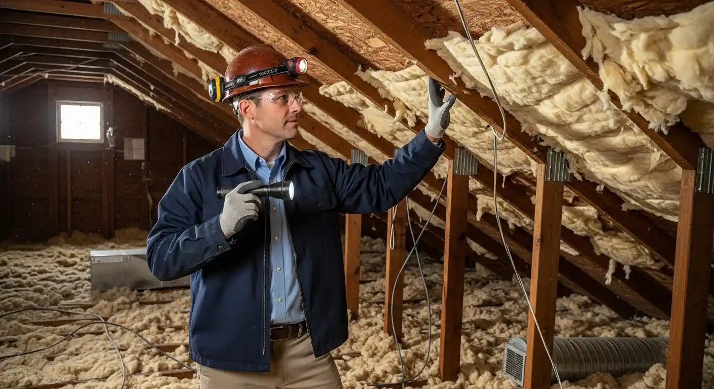 A home inspector or contractor wearing a hard hat with a headlamp and safety glasses is standing in a dusty attic with exposed wooden rafters. He is using a flashlight to closely examine the fiberglass batt insulation packed between the rafters and the blown-in insulation covering the floor.
