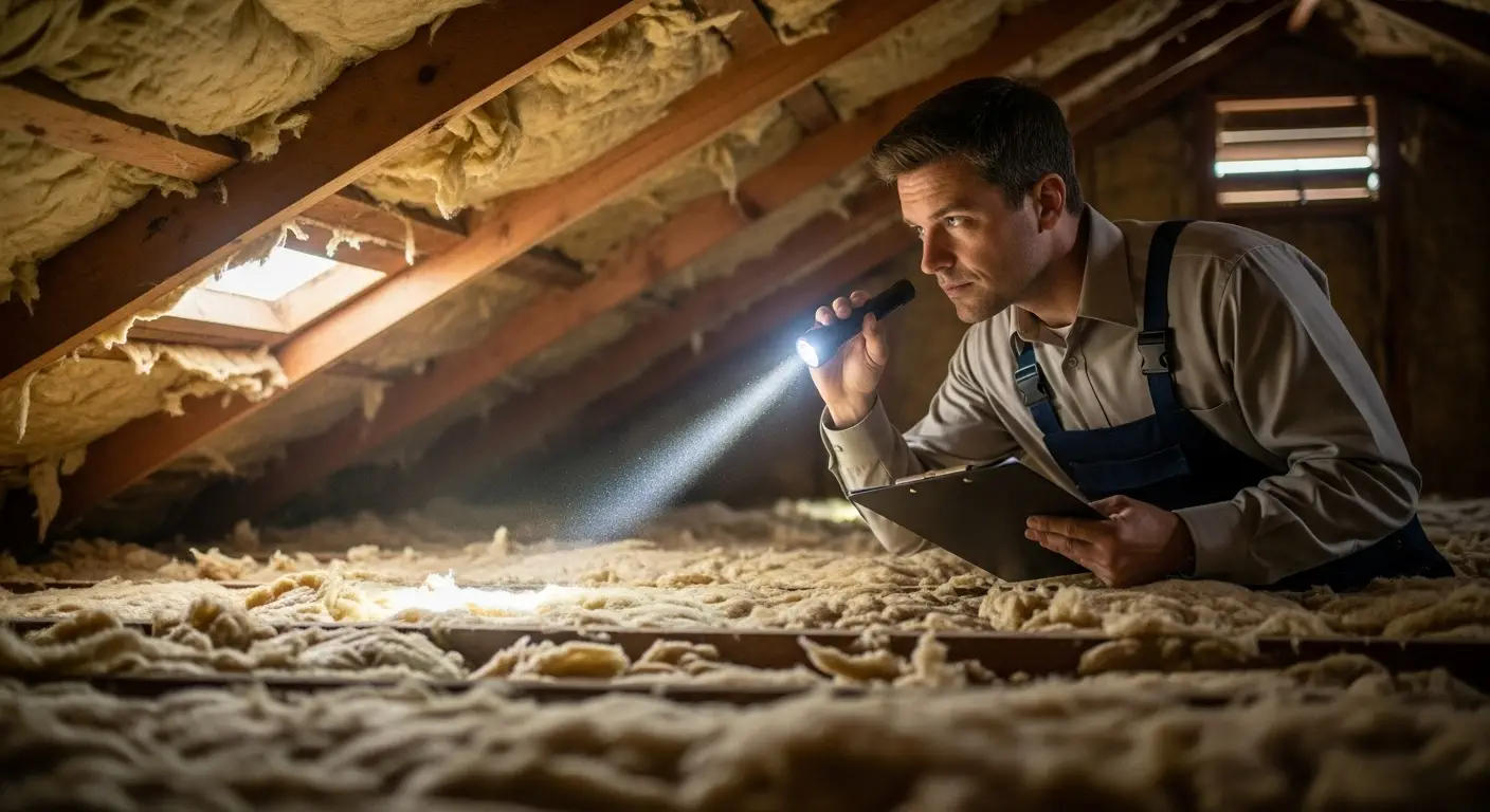 A home inspector or contractor is crawling through a dusty attic filled with blown-in or batt insulation and exposed rafters.