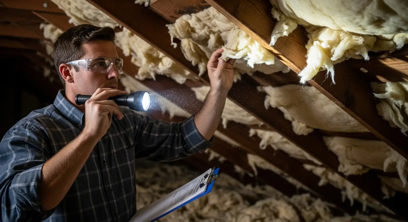 A home inspector or contractor is in a dark, dusty attic with exposed wooden rafters and fiberglass insulation. He is wearing safety glasses, holding a flashlight to illuminate the area, and gently pulling at a piece of insulation between the rafters while holding a clipboard to take notes.