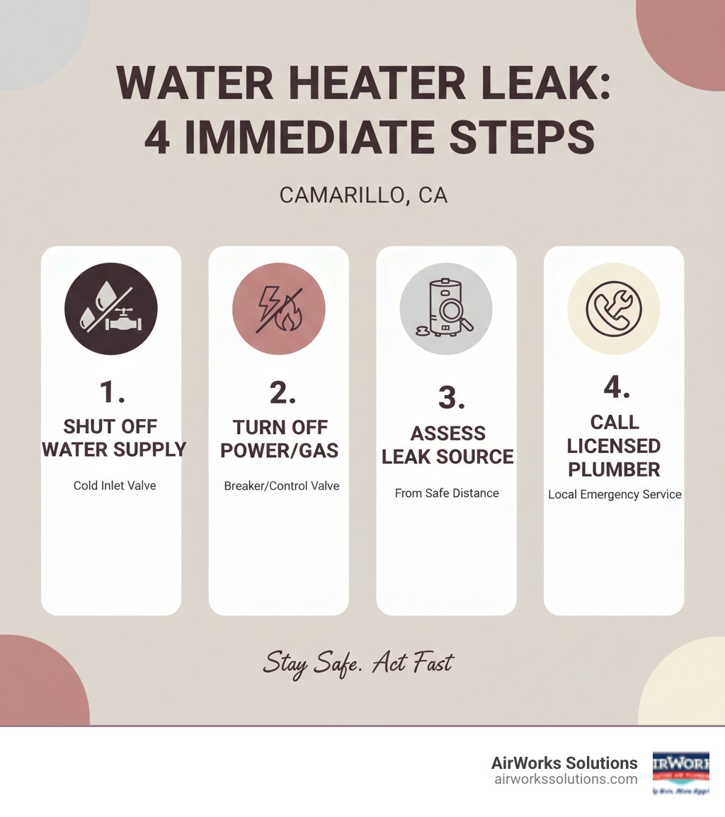 Infographic showing 4 immediate steps when water heater leaks: 1. Shut off water supply at cold water inlet valve, 2. Turn off power at circuit breaker or gas at control valve, 3. Assess leak source from safe distance, 4. Call licensed local plumber immediately - "My water heater is leaking. I need a company for water heater repair in Camarillo, CA." infographic 