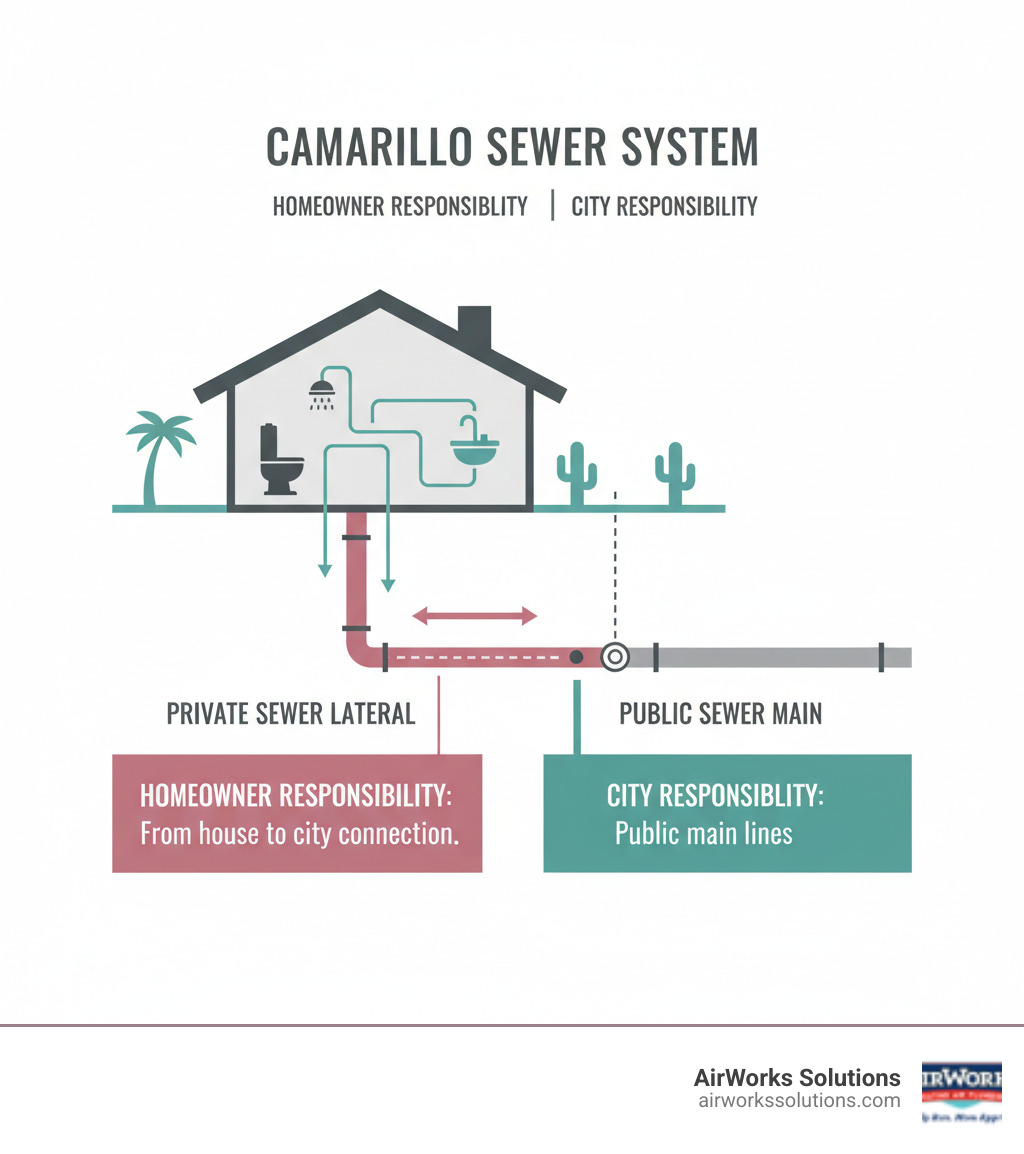 infographic showing cross-section of home with sewer line path from house plumbing through yard to city main connection, labeling private lateral responsibility versus public system - sewer replacement camarillo ca infographic 