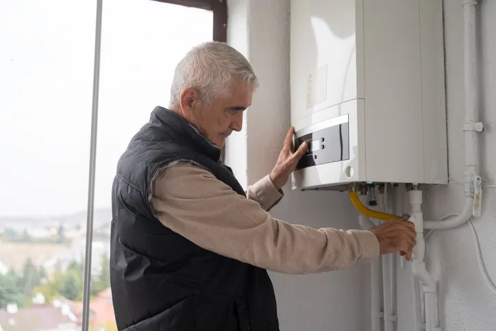 Man adjusting the controls on a wall-mounted tankless water heater indoors near a window.