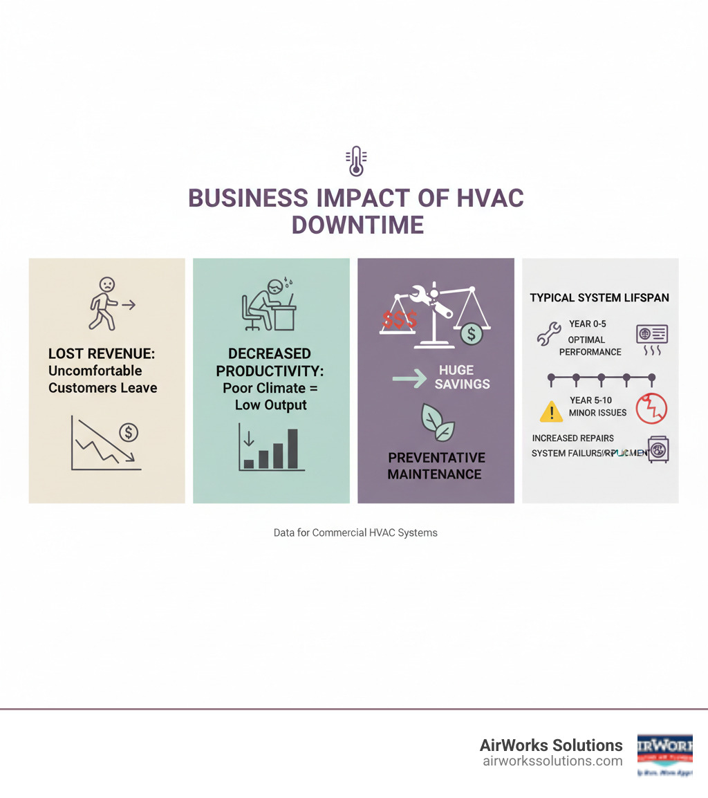 infographic showing business impact of HVAC downtime including lost revenue from customers leaving uncomfortable spaces, decreased employee productivity in poor climate conditions, emergency repair costs versus preventative maintenance savings, and typical timeline for commercial HVAC system failures - commercial hvac service thousand oaks ca infographic 