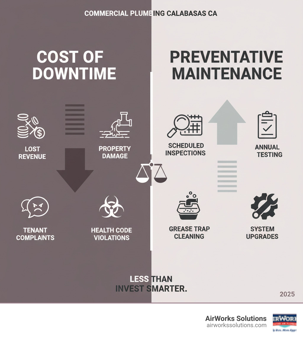 infographic showing the cost of commercial plumbing downtime including lost revenue, property damage, health code violations, and tenant complaints compared to lower costs of preventative maintenance including scheduled inspections, annual testing, grease trap cleaning, and system upgrades - commercial plumbing calabasas ca infographic 