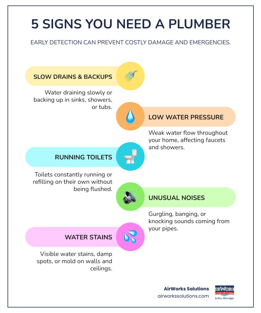 infographic showing 5 signs you need a plumber: slow drains and backups, low water pressure throughout the home, running or constantly refilling toilets, unusual gurgling or banging noises from pipes, and water stains or moisture on walls and ceilings - plumbing service moorpark ca infographic infographic-line-5-steps-colors infographic showing 5 signs you need a plumber: slow drains and backups, low water pressure throughout the home, running or constantly refilling toilets, unusual gurgling or banging noises from pipes, and water stains or moisture on walls and ceilings - plumbing service moorpark ca infographic infographic-line-5-steps-colors