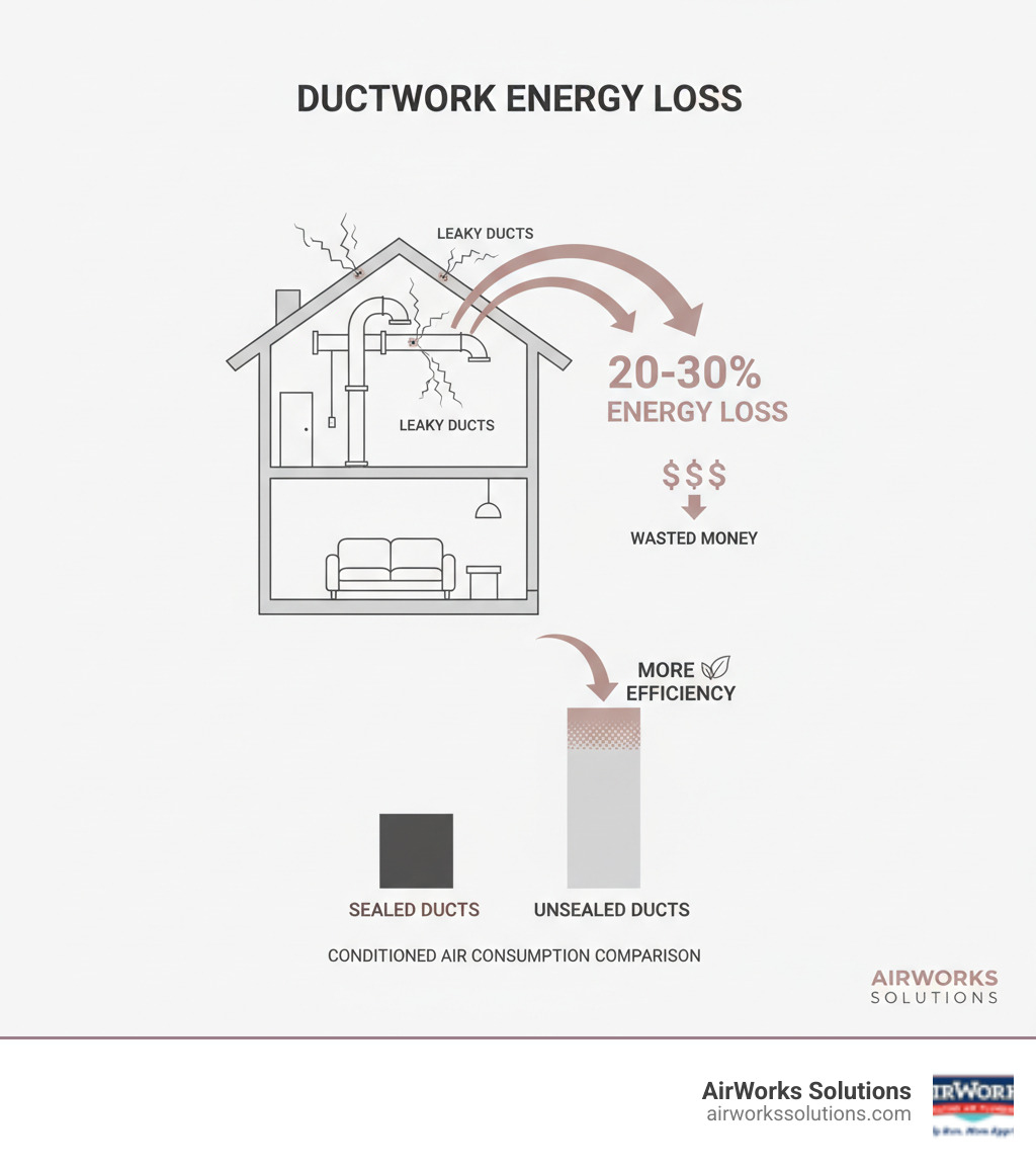 infographic showing cross-section of house with labeled leaky ducts in attic allowing conditioned air to escape, arrows showing 20-30% energy loss, dollar signs representing wasted money, and comparison of sealed vs unsealed duct system energy consumption - duct sealing moorpark ca infographic  infographic showing cross-section of house with labeled leaky ducts in attic allowing conditioned air to escape, arrows showing 20-30% energy loss, dollar signs representing wasted money, and comparison of sealed vs unsealed duct system energy consumption - duct sealing moorpark ca infographic