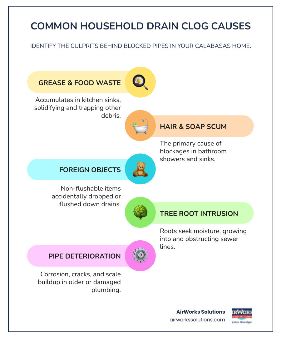 infographic showing common causes of household drain clogs including grease buildup, hair accumulation, soap scum, food waste, tree roots, and foreign objects, with icons for kitchen sinks, bathroom drains, toilets, and main sewer lines - drain cleaning calabasas ca infographic infographic-line-5-steps-colors