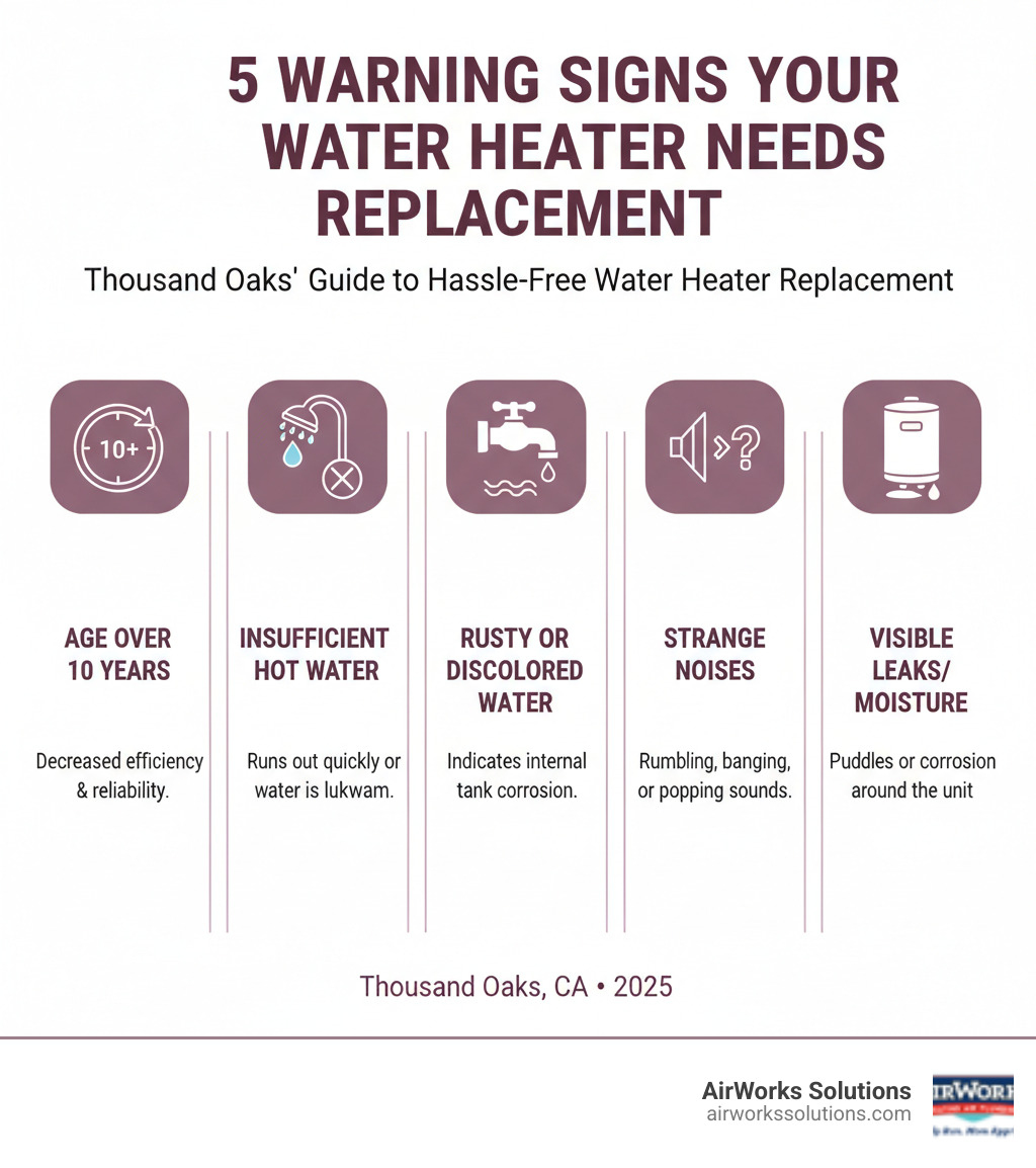 infographic showing five key warning signs that indicate a water heater needs replacement: age over 10 years, insufficient hot water supply, rusty or discolored water, strange rumbling or banging noises, and visible leaks or moisture around the unit - water heater replacement thousand oaks ca infographic 