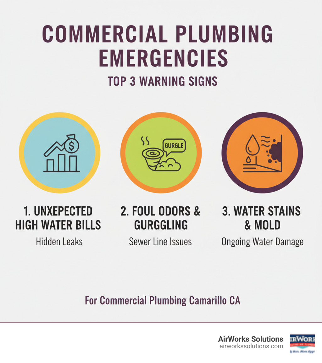 infographic showing the top 3 signs of a commercial plumbing emergency: unexpected spike in water bills indicating hidden leaks, foul odors or gurgling sounds from drains suggesting sewer line issues, and visible water stains or mold growth on walls and ceilings signaling ongoing water damage - commercial plumbing camarillo ca infographic 