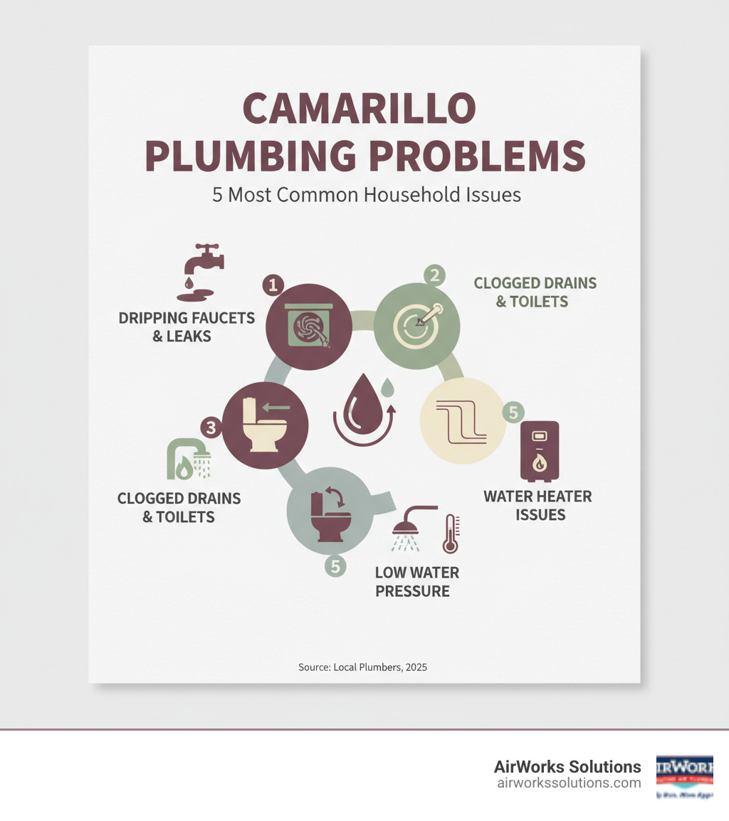 Infographic showing the 5 most common household plumbing problems in Camarillo: 1. Dripping faucets and leaky pipes, 2. Clogged drains in sinks, showers, and toilets, 3. Running toilets wasting water, 4. Low water pressure from mineral buildup, 5. Water heater failures and temperature issues - plumbing service camarillo ca infographic Infographic showing the 5 most common household plumbing problems in Camarillo: 1. Dripping faucets and leaky pipes, 2. Clogged drains in sinks, showers, and toilets, 3. Running toilets wasting water, 4. Low water pressure from mineral buildup, 5. Water heater failures and temperature issues - plumbing service camarillo ca infographic