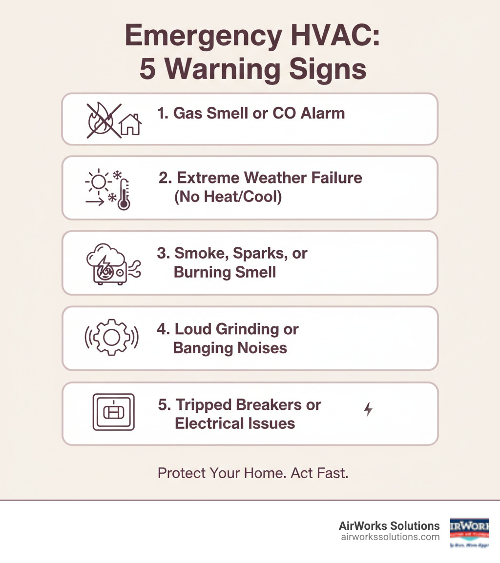 Infographic showing the top 5 signs you need emergency HVAC repair: 1) Gas smell or carbon monoxide alarm triggered, 2) Complete heating or cooling failure during extreme weather, 3) Smoke, sparks, or burning smell from system, 4) Loud grinding, screeching, or banging noises, 5) Tripped circuit breakers or electrical issues - emergency hvac repair moorpark ca infographic 