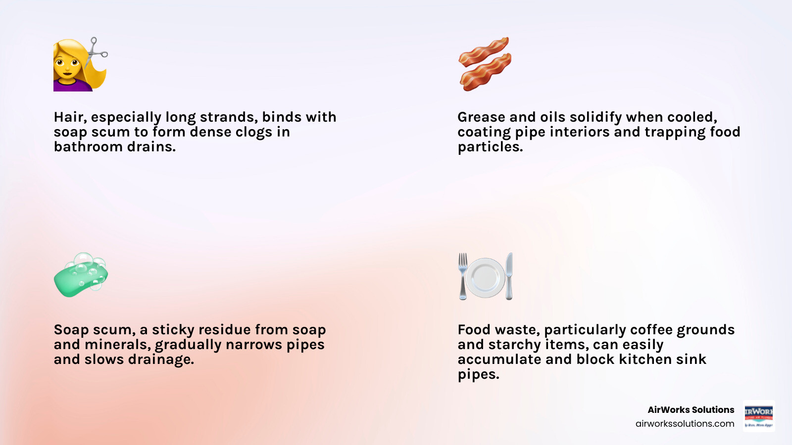infographic showing common drain clog sources including hair in bathroom drains, grease in kitchen sinks, soap scum buildup, food waste, mineral deposits, and tree roots in sewer lines - drain cleaning moorpark ca infographic 4_facts_emoji_light-gradient infographic showing common drain clog sources including hair in bathroom drains, grease in kitchen sinks, soap scum buildup, food waste, mineral deposits, and tree roots in sewer lines - drain cleaning moorpark ca infographic 4_facts_emoji_light-gradient