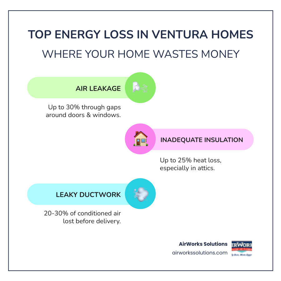 infographic showing the top 3 sources of energy loss in homes: air leakage around doors and windows at 30%, insufficient attic insulation at 25%, and leaky ductwork at 20-30% - home energy audit ventura county infographic infographic-line-3-steps-colors