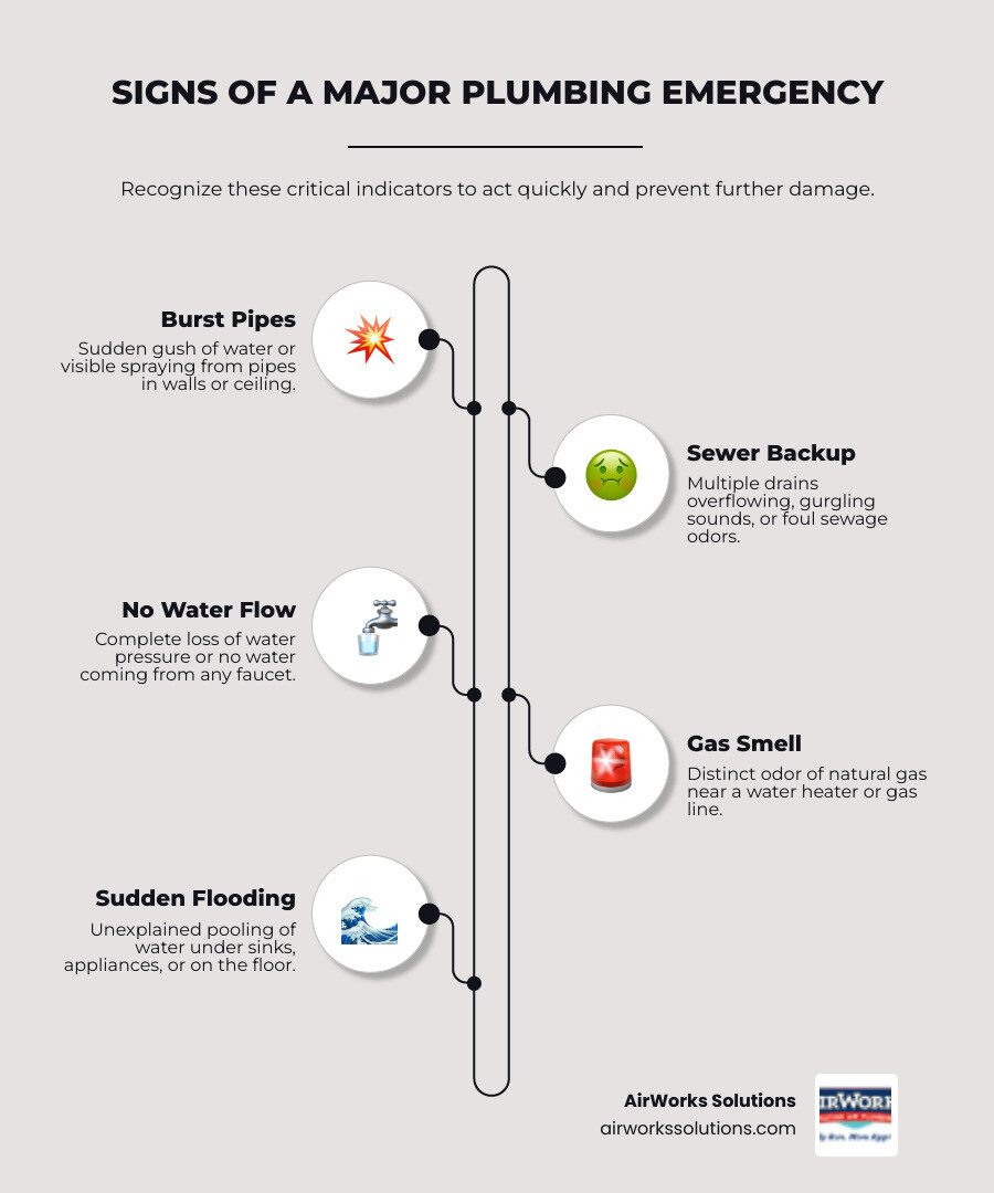 detailed infographic showing signs of plumbing emergencies including burst pipes with water spraying, sewage backup in drains, no water flow from faucets, gas smell near water heater, and flooding under sinks with red warning symbols - plumbing service ventura county infographic infographic-line-5-steps-elegant_beige