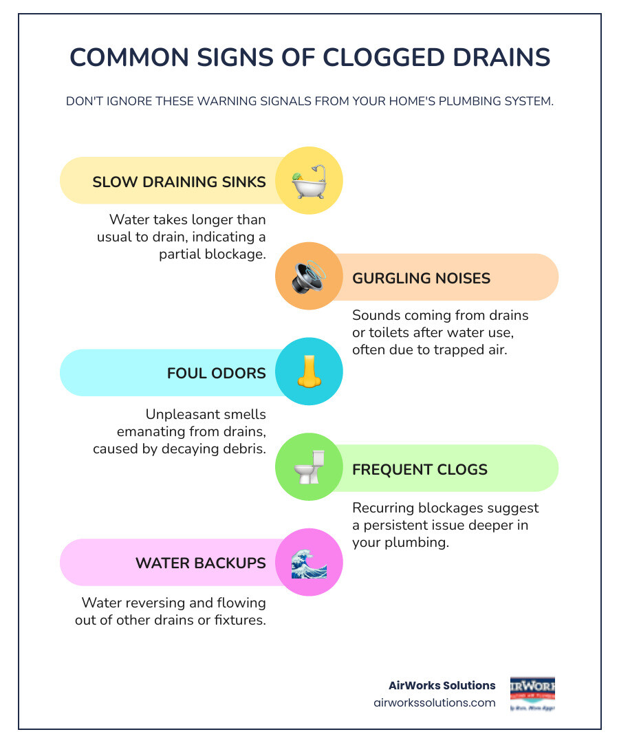 infographic showing common signs of clogged drains including slow draining sinks, gurgling noises, foul odors, frequent clogs, and water backups with simple icons for each symptom - drain cleaning newbury park ca infographic infographic-line-5-steps-colors