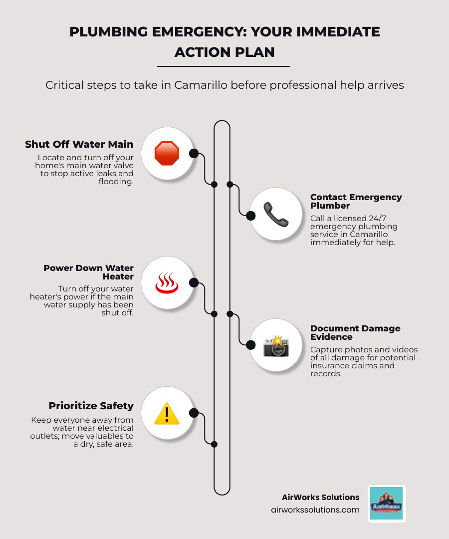 Infographic showing emergency plumbing response steps: 1. Locate and shut off main water valve near water meter or street, 2. Turn off water heater to prevent damage if main water is off, 3. Call licensed 24/7 emergency plumber immediately, 4. Move valuables away from water, 5. Take photos and videos for insurance documentation, 6. Turn off electricity to affected areas if safe to do so - emergency plumbing camarillo ca infographic infographic-line-5-steps-elegant_beige Infographic showing emergency plumbing response steps: 1. Locate and shut off main water valve near water meter or street, 2. Turn off water heater to prevent damage if main water is off, 3. Call licensed 24/7 emergency plumber immediately, 4. Move valuables away from water, 5. Take photos and videos for insurance documentation, 6. Turn off electricity to affected areas if safe to do so - emergency plumbing camarillo ca infographic infographic-line-5-steps-elegant_beige