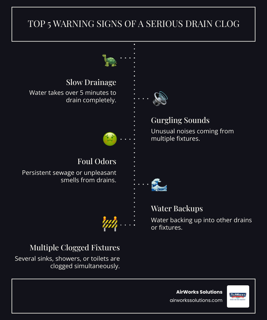 Infographic showing the top 5 warning signs of a serious drain clog: slow drainage taking over 5 minutes, gurgling sounds from multiple fixtures, foul sewage odors, water backing up into other drains, and multiple clogged fixtures simultaneously - drain cleaning somis ca infographic infographic-line-5-steps-dark Infographic showing the top 5 warning signs of a serious drain clog: slow drainage taking over 5 minutes, gurgling sounds from multiple fixtures, foul sewage odors, water backing up into other drains, and multiple clogged fixtures simultaneously - drain cleaning somis ca infographic infographic-line-5-steps-dark