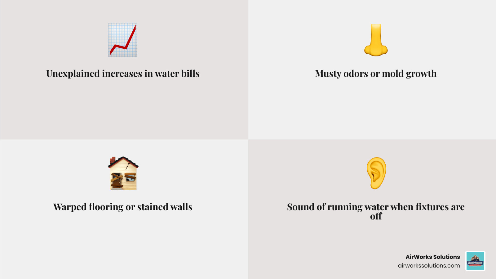 Infographic showing the top 5 signs of a hidden water leak: unexplained increases in water bills, musty odors or mold growth, warped flooring or stained walls, sound of running water when fixtures are off, and wet spots in yard or foundation cracks - plumbing repair ventura county infographic 4_facts_emoji_grey Infographic showing the top 5 signs of a hidden water leak: unexplained increases in water bills, musty odors or mold growth, warped flooring or stained walls, sound of running water when fixtures are off, and wet spots in yard or foundation cracks - plumbing repair ventura county infographic 4_facts_emoji_grey