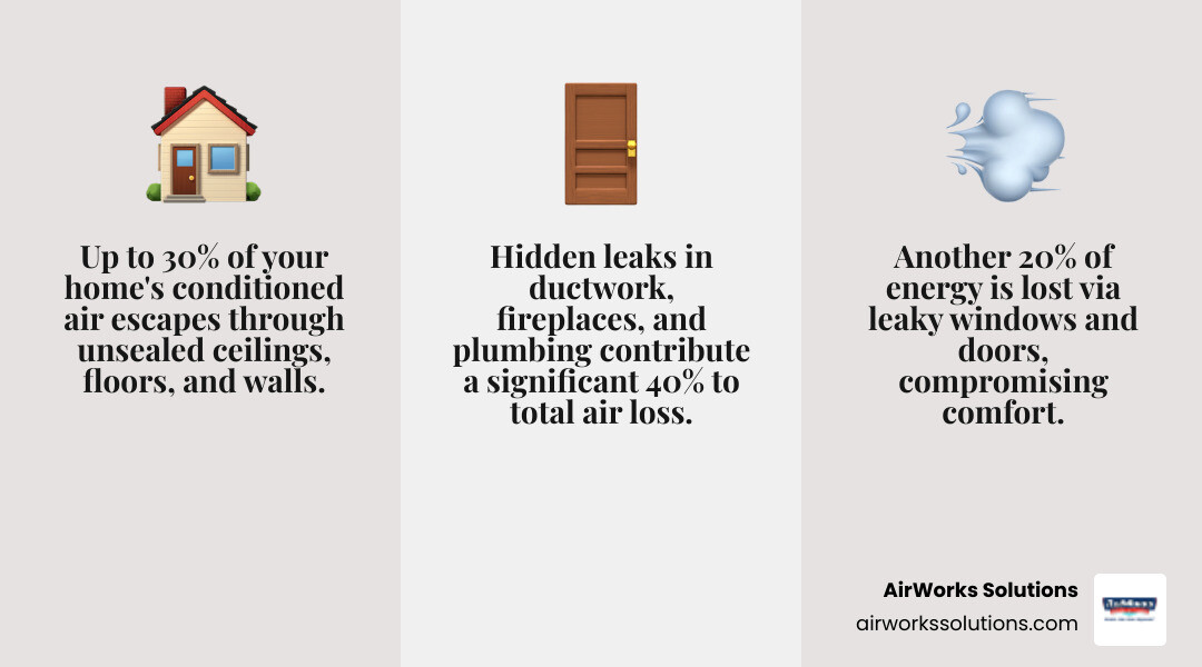 Infographic showing the stack effect in homes: warm air rising and escaping through attic gaps in winter while cold air enters below, and cool air sinking and escaping through lower gaps in summer while hot air enters above, with percentages of energy loss by location—30% through ceilings/floors/walls, 20% through windows/doors, 15% through ductwork, 15% through fireplaces, 10% through plumbing penetrations - home air sealing westlake village ca infographic 3_facts_emoji_grey