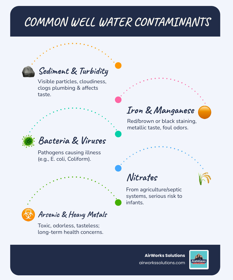 infographic showing common well water contaminants including sediment, iron, manganese, sulfur, bacteria, nitrates, and arsenic with icons representing each type - best water filtration system for well water infographic infographic-line-5-steps-blues-accent_colors infographic showing common well water contaminants including sediment, iron, manganese, sulfur, bacteria, nitrates, and arsenic with icons representing each type - best water filtration system for well water infographic infographic-line-5-steps-blues-accent_colors