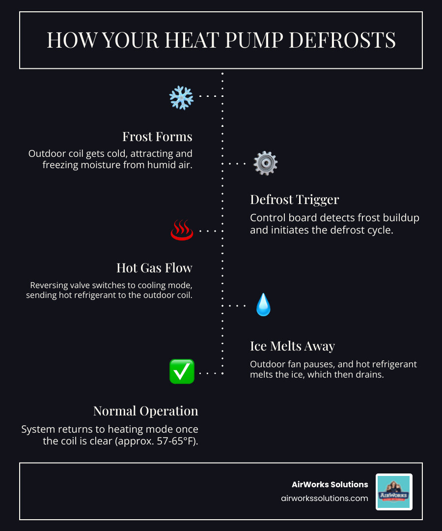 Infographic showing the heat pump defrost cycle process: 1) Frost forms on outdoor coil in cold humid conditions, 2) Defrost control board signals cycle to start, 3) Reversing valve switches system to cooling mode, 4) Hot refrigerant flows to outdoor coil, 5) Outdoor fan stops to speed warming, 6) Ice melts and drains away, 7) System returns to heating mode when coil reaches 57-65°F - heat pump not defrosting infographic infographic-line-5-steps-dark