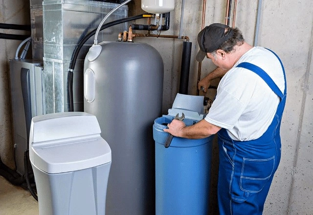 Plumber servicing water softener and tank