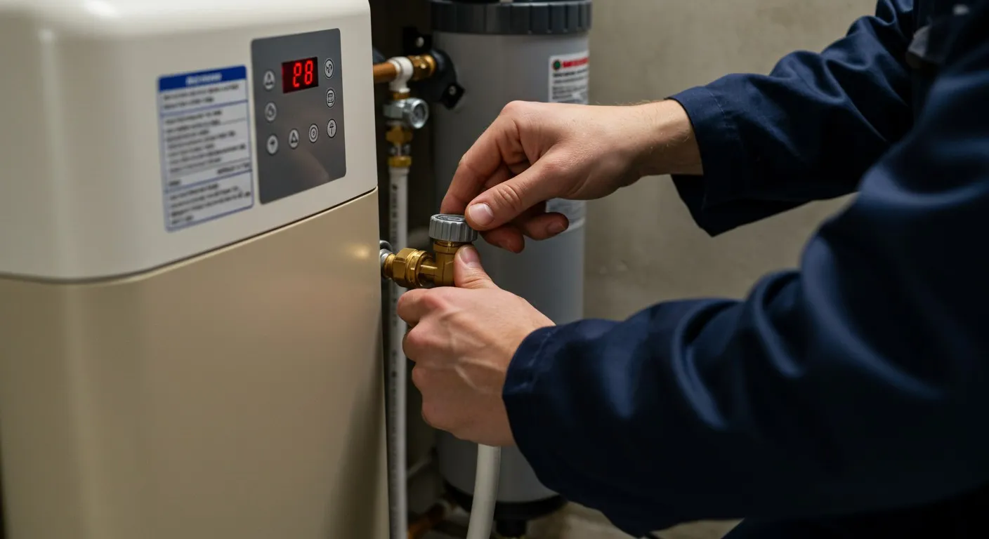 Technician adjusting valve on water softener