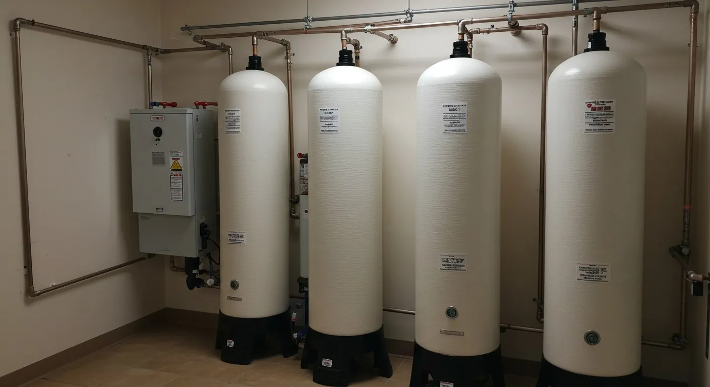 Row of large industrial-sized water softener tanks with digital control heads in a utility room
