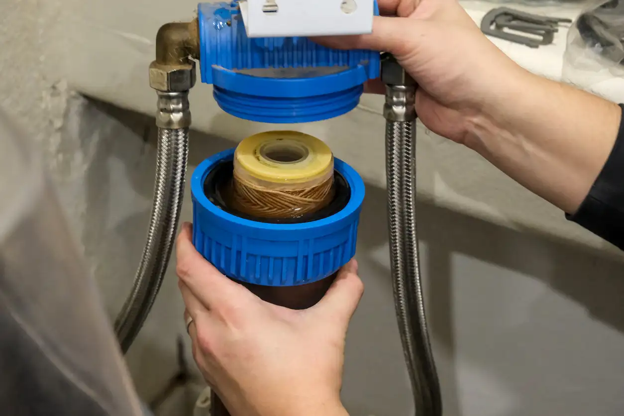 Close-up of hands unscrewing a blue filter housing to replace a dirty, brown sediment cartridge