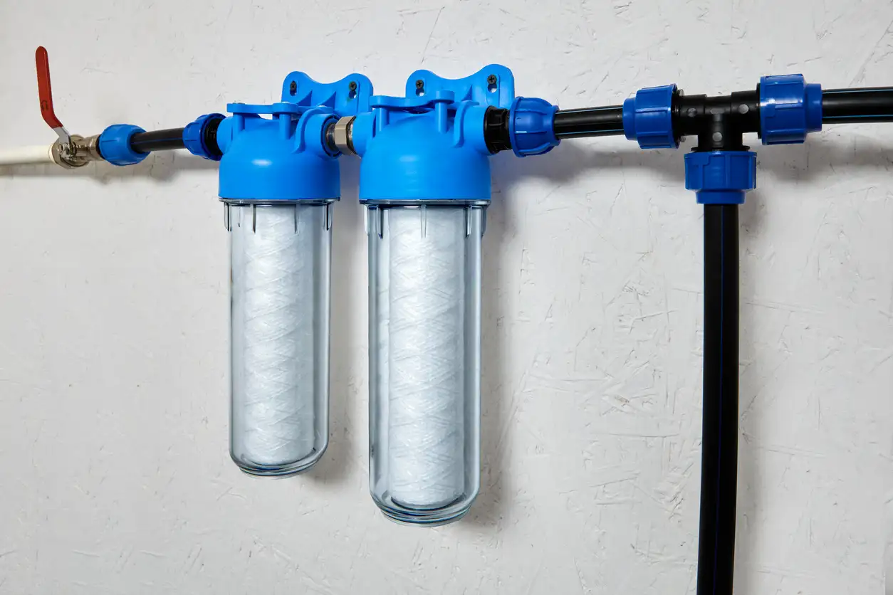 Close-up of dual whole-house water filter housings with white pleated cartridges installed on a main line