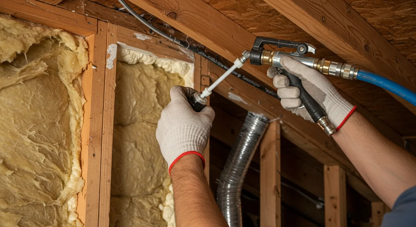 A worker wearing white gloves uses a spray foam gun to seal gaps near a metal duct in an attic with yellow insulation.