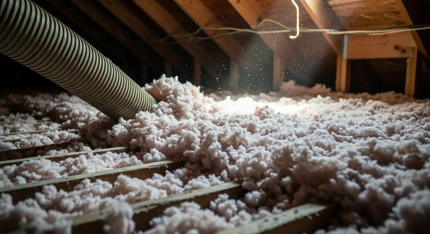 A low-angle close-up shot of an attic floor during the installation of blown-in loose-fill insulation. A large, flexible, corrugated hose is visible in the upper left, actively discharging a thick, light-pink or off-white fluffy insulation material onto the floor. The insulation is rapidly covering the wooden floor joists. A bright stream of light from above illuminates dust particles rising from the material, creating a dramatic effect within the dark, exposed wooden structure of the attic rafters.