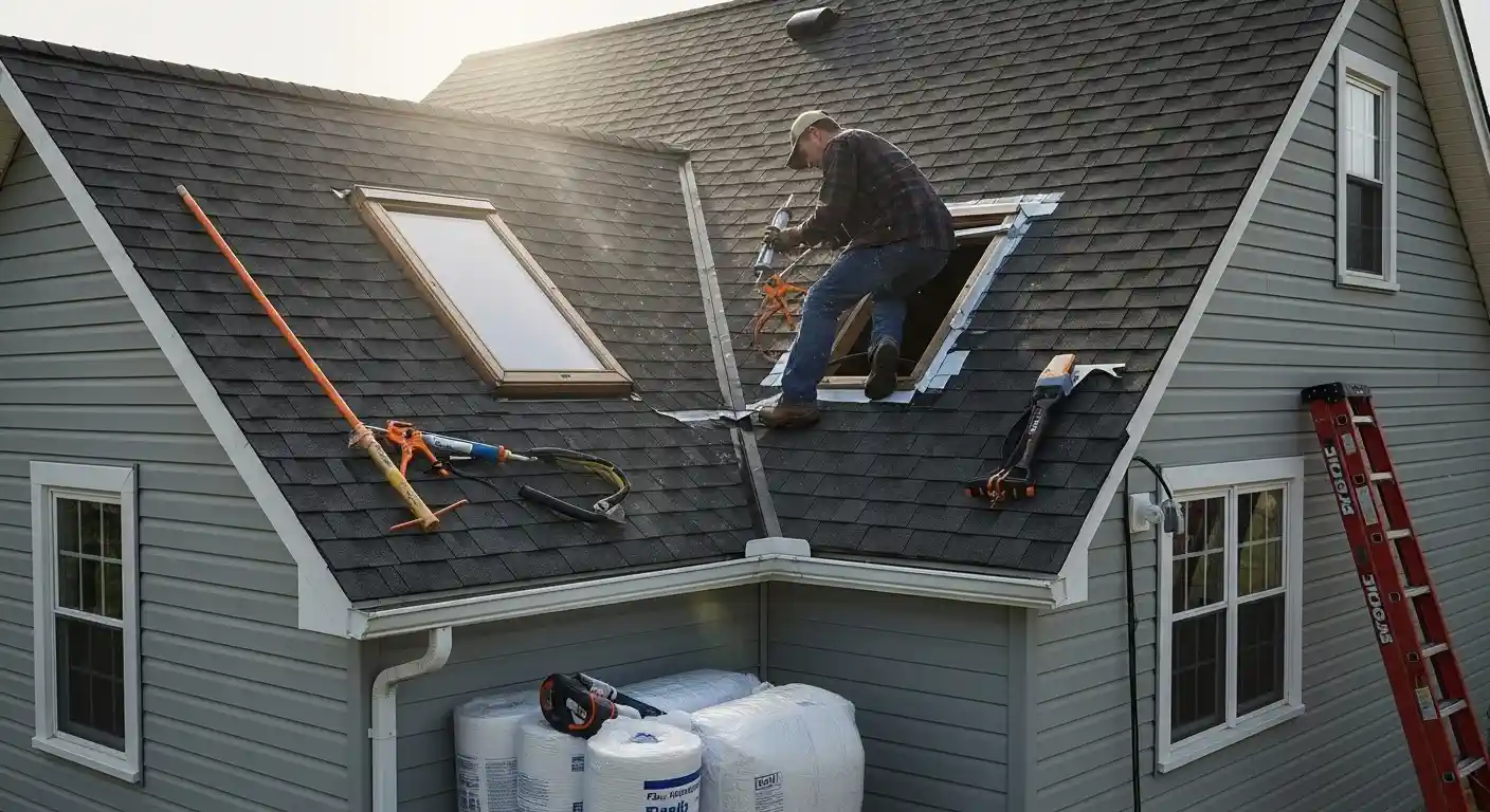  A construction worker, wearing a baseball cap and a plaid shirt, is positioned on a gray shingled roof to work on a skylight installation. He is leaning into the open skylight well, likely performing flashing and air sealing work. Another already-installed skylight is visible to the left. Tools, including an applicator gun and a long-handled roof tool, are scattered on the roof. The two-story house has gray siding, and rolls of insulation or building material are stacked on the lower porch roof. A red extension ladder is visible on the right. This image illustrates the exterior process of making a home airtight.