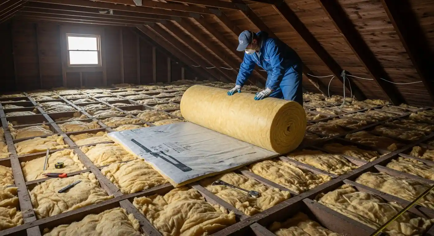  A person in a blue coverall, cap, and respirator mask is unrolling a new layer of batt fiberglass insulation over an attic floor. The new insulation roll is yellow and features a vapor barrier facing with a blue printed strip. The floor already has a layer of fluffy, yellowish insulation installed between the wooden joists. The worker is wearing gloves, and tools like a utility knife and a tape measure are visible. The attic is unfinished, with exposed wooden framing and a small window in the background.