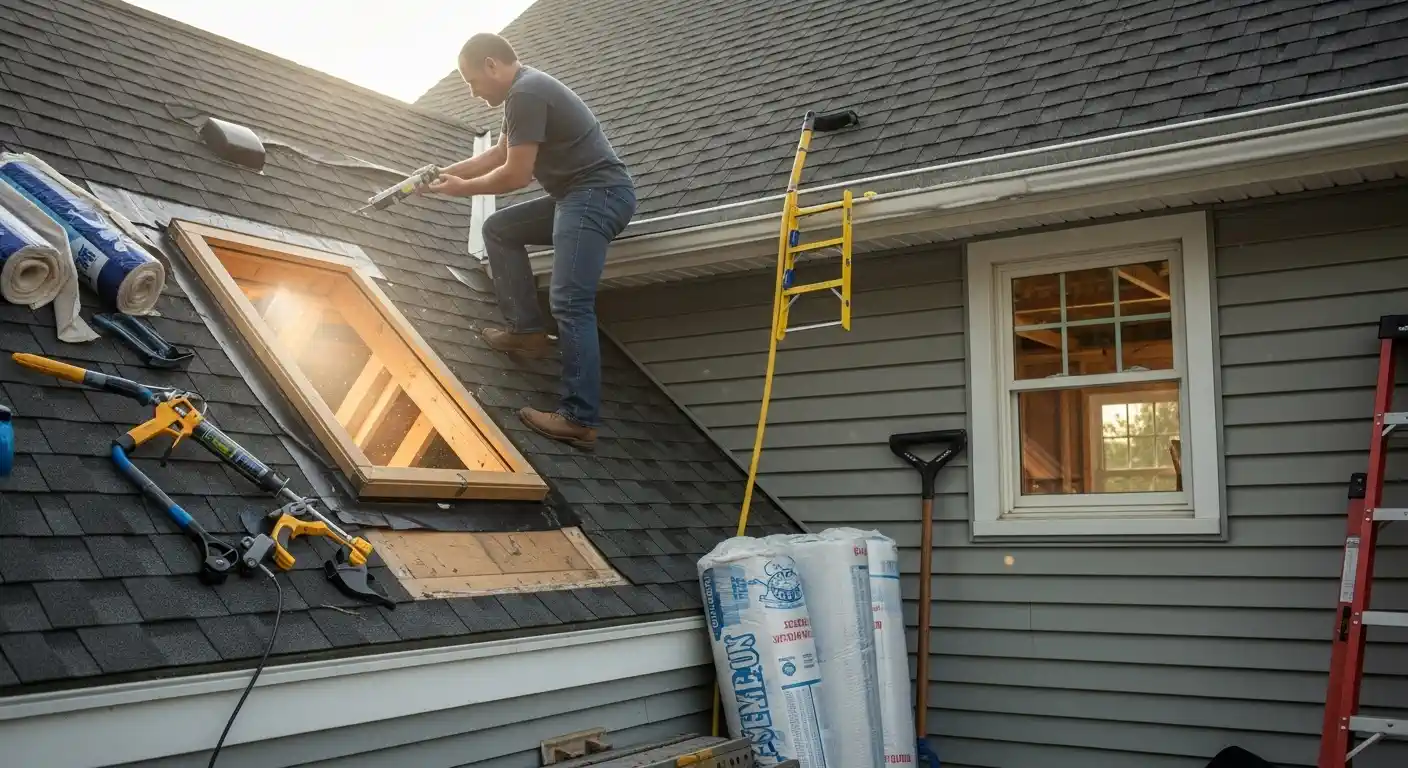  A man in a dark shirt and jeans is working on the roof of a house, performing air sealing and flashing around a newly installed skylight. He is applying a sealant with a caulking gun while standing on the dark shingled roof next to the wooden-framed skylight. Several rolls of underlayment or flashing material and extra applicator guns are visible on the roof nearby. The house features gray siding, and rolls of insulation or building wrap are stacked on the lower section of the roof, with a yellow ladder leaning against the eave. This image captures the exterior work of making a home watertight and airtight.