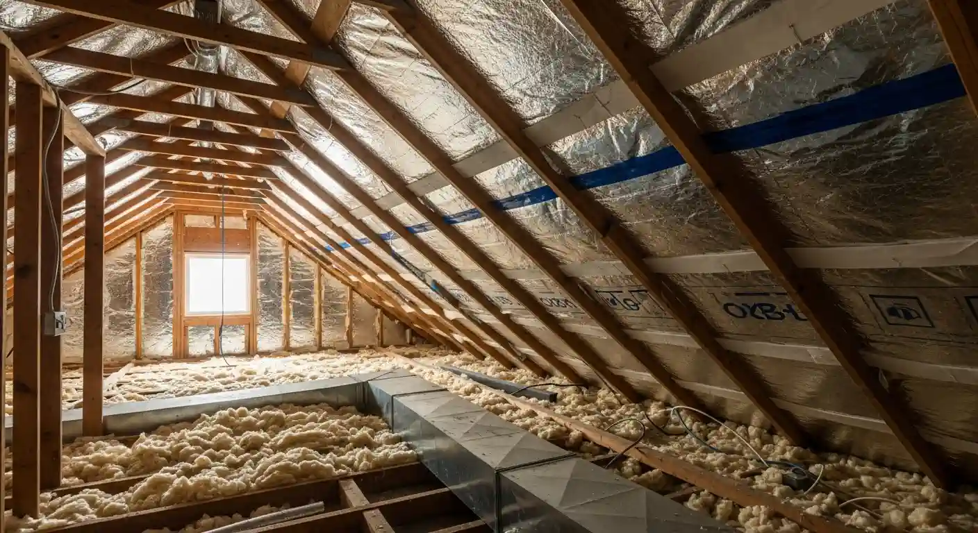 An interior view of an attic with exposed wooden rafters, ample loose-fill insulation on the floor, and a radiant barrier (a reflective foil material) installed beneath the roof deck. A metal air duct runs across the center, and a small window is visible in the distance. The overall scene shows a typical attic insulation and heat-mitigation setup.