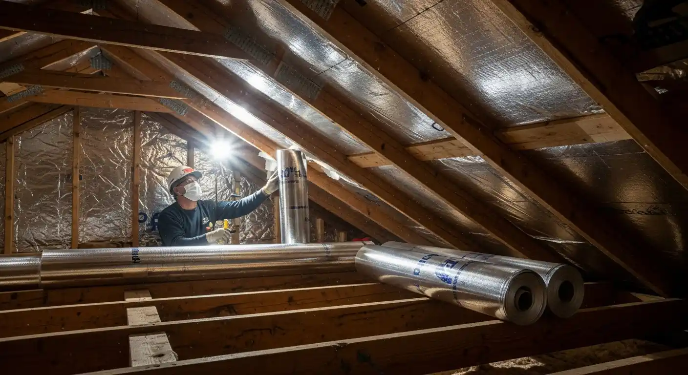  A worker wearing a hard hat and mask installs a radiant barrier in a dimly lit attic. He is securing a roll of the reflective foil material to the underside of the sloped roof rafters, with several other rolls resting on the exposed wooden joists.