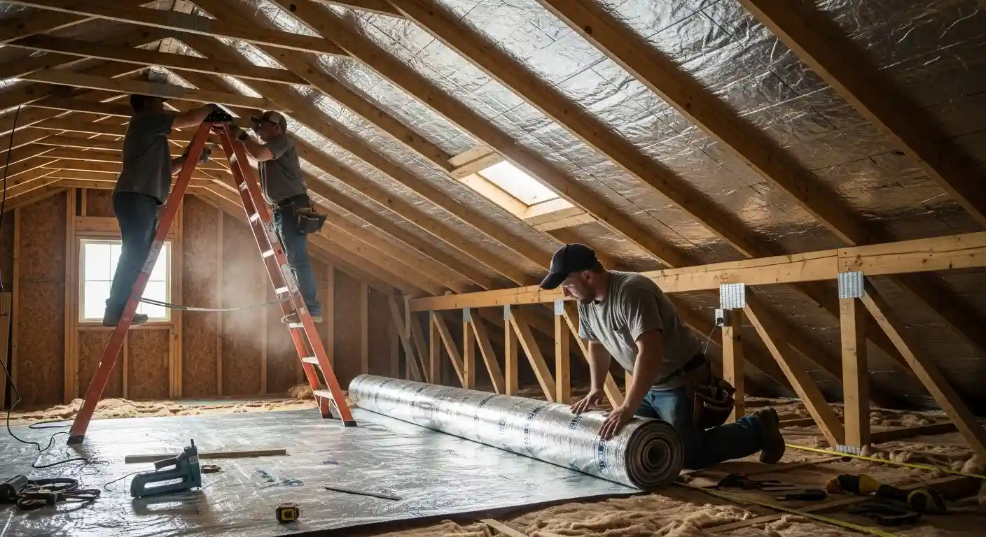 Three construction workers are installing radiant barrier material in a large attic space. Two workers on a ladder are securing the reflective foil to the roof rafters, which already has a layer installed. The third worker on the floor is kneeling and unrolling a large roll of the foil barrier over the floor sheathing. A skylight is visible in the roof, and loose insulation is on the right.