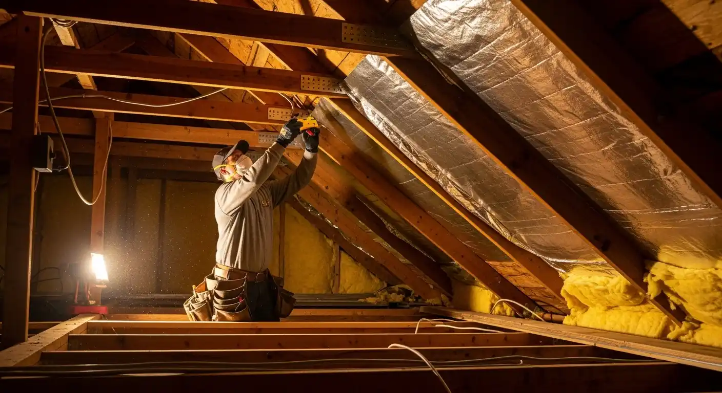 A contractor, wearing a mask and safety goggles, works in a dimly lit attic, installing a radiant barrier (reflective foil) on the underside of the wooden roof rafters. The worker is using a power tool, surrounded by tools and construction materials. A light source illuminates the workspace, highlighting the installation process.