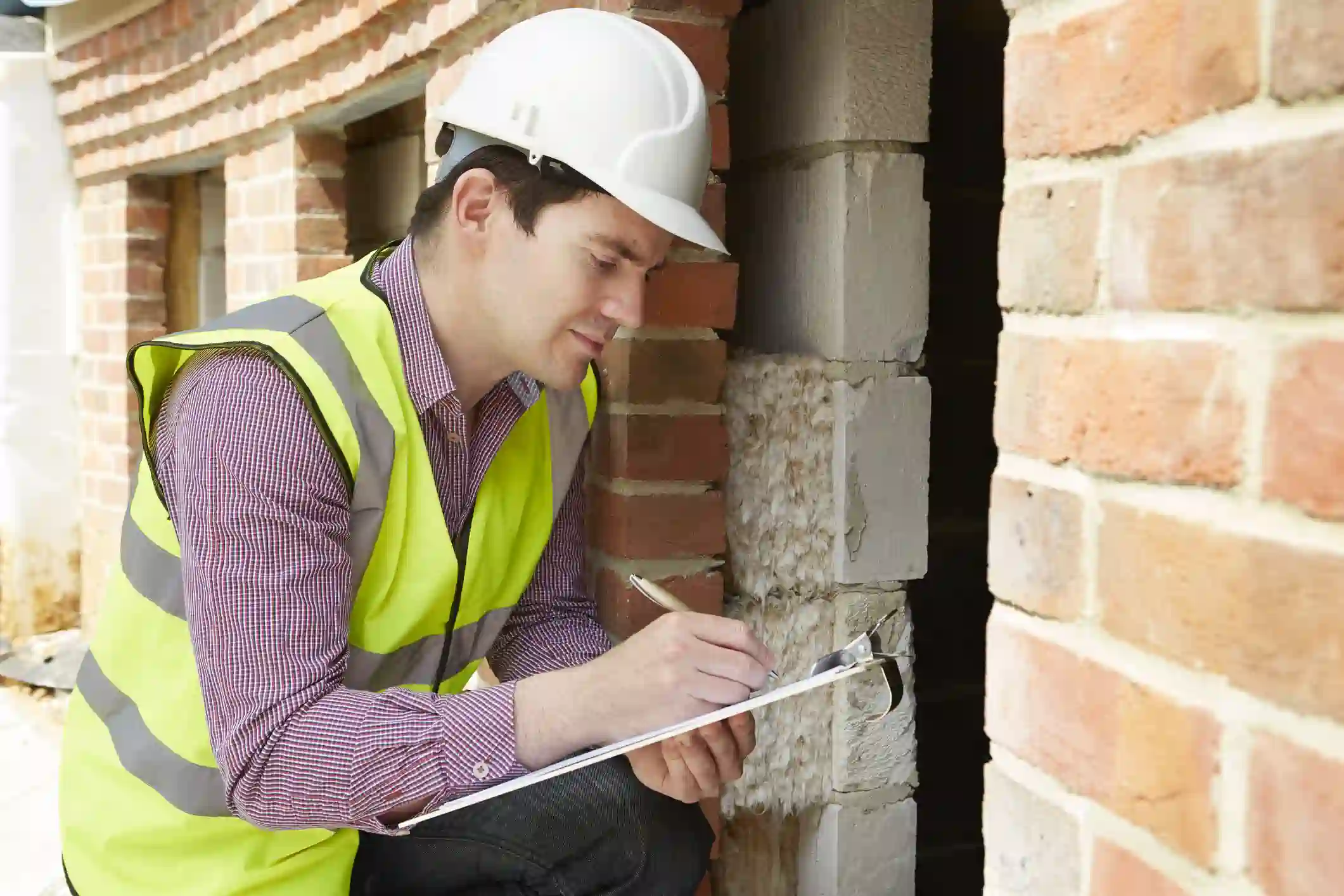 A construction inspector or site manager is kneeling in front of a brick wall opening on a construction site. He is wearing a white hard hat and a high-visibility yellow vest over a checked shirt, writing notes on a clipboard to document the building's progress or condition.
